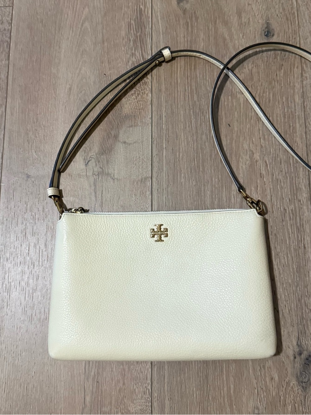 Tory Burch Mercer Mini Ivory Pebbled Leather Crossbody with Gold Logo